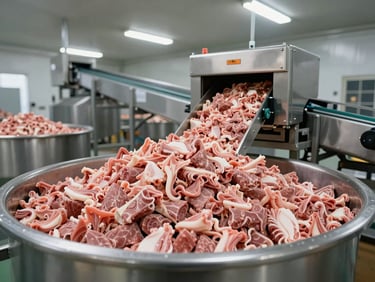 Wide shot of bulk raw ingredient storage area in a food facility, large industrial containers and conveyor feeding system visible, metal detector frame mounted above the feed line, cool overhead lighting, clean industrial environment, no people