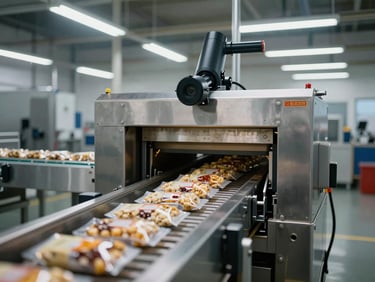 Wide environmental shot of a metal detector unit operating on an active food processing conveyor, packaged products moving through the detection aperture under cool fluorescent industrial lighting, no people, production context visible in background