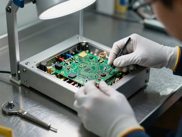 Close-up of a technician's gloved hands working on the internal circuit board of an open metal detector unit, bright workshop lighting from above, tools laid out on a stainless steel surface, precision repair context