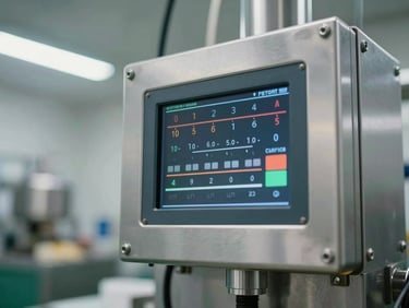 Close-up of metal detector sensitivity control panel display showing numeric readout and threshold settings, mounted on a stainless steel housing in a food processing environment, bright industrial fluorescent lighting, no people, technical precision framing