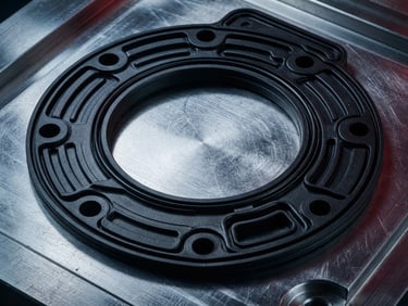 Macro photograph of a pristine black industrial rubber gasket, high-contrast studio lighting, metallic background, technical precision