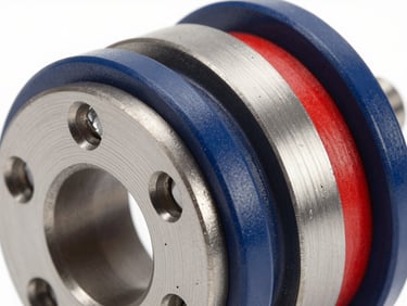 Macro shot of a flexible jaw coupling, metallic and polyurethane elements, high-precision industrial photography.