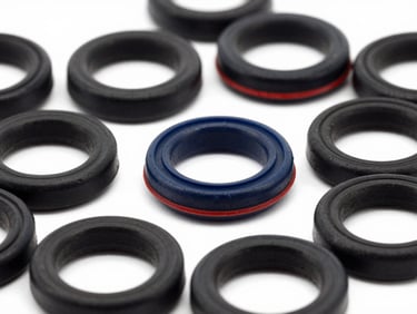 Close-up of organized black nitrile rubber O-rings of various sizes, clean composition, high-contrast studio light.