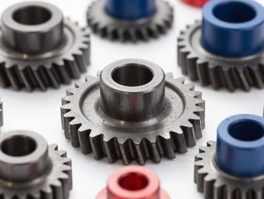 Close-up of various high-precision industrial mechanical spare parts, steel gears and components, studio lighting.