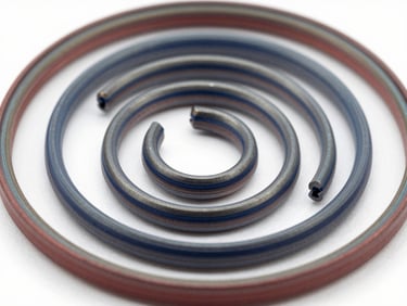 Close-up of a metallic spiral wound gasket, high-temperature resistance design, crisp studio lighting.