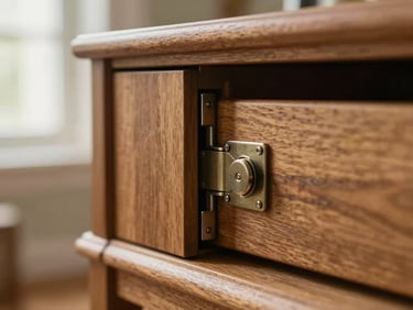 Detailed macro close-up of a wooden drawer joint, premium hardware with soft-close mechanism, warm natural lighting, shallow depth of field, 35mm lens