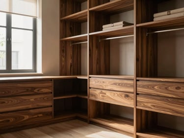 Wide environmental interior shot of a bespoke walk-in closet in Santo André, warm walnut wood tones, soft natural window light, elegant minimalist design, 35mm lens