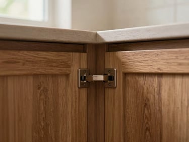 Close-up of a modern kitchen cabinet corner, perfect wood joints, premium soft-close hinges, natural warm lighting