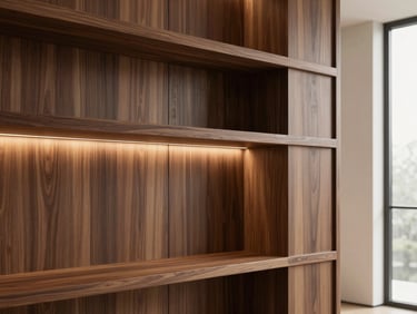 Elegant living room with a custom walnut slatted wood panel, minimalist shelves, warm ambient lighting, architectural lens