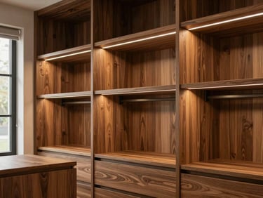Bespoke walk-in closet in warm walnut wood, neatly organized shelves, warm integrated LED lighting, editorial photography