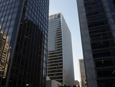 Wide architectural perspective of modern glass office buildings in São Paulo financial district, sharp geometric shadows, soft daylight