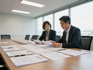Wide environmental shot inside a corporate meeting room in natural window light, two professionals reviewing printed compliance documents spread across a conference table, fluorescent overhead supplements daylight, clear sightlines across the room, folders and pens visible on the table surface