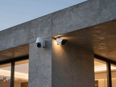 Sleek architectural close-up of a modern concrete villa facade at twilight, a premium minimalist outdoor security camera integrated cleanly, warm linear lighting accents, 35mm photography.