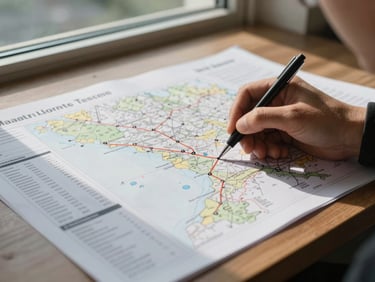 Close-up of a planning session at a north-facing window-lit table: printed destination itineraries, a hand annotating a route on a regional map, natural daylight casting soft shadows across the paper
