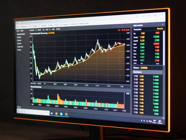 A high-performance PC benchmark screen displaying real-time thermal graphs and frame-rate metrics, sharp amber rim lighting on the monitor frame, dark studio background