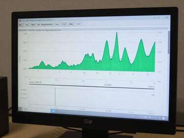Pantalla de diagnóstico técnico mostrando gráficos de frecuencia de CPU estables y caída de temperatura de noventa a setenta grados Celsius.