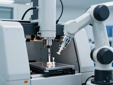 Automated optical inspection machine on a medical manufacturing line, cool clinical white lighting, robotic arm handling sterile syringe components.