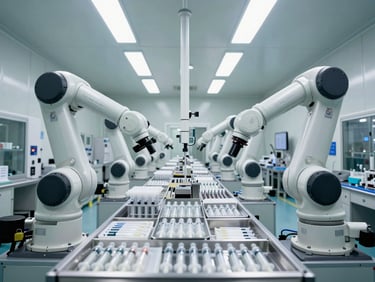 Wide-angle panoramic view of an automated medical cleanroom assembly line, robotic arms packaging sterile syringes under bright clinical white illumination, sterile-barrier environment.