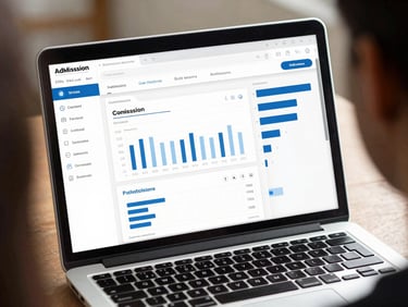 Over-the-shoulder shot of an admissions dashboard on a laptop screen, showing clean CRM lead conversion charts, bright natural morning light