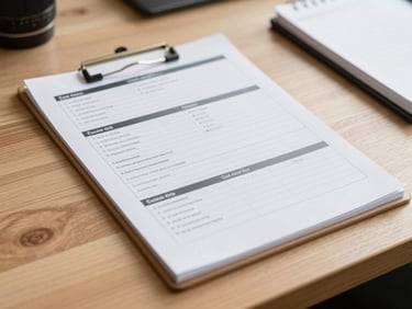 Close-up of a printed call guide and a notebook on a clean wooden desk, bright natural daylight, soft shadows.