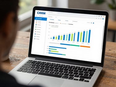 Over-the-shoulder shot of a modern laptop screen displaying a clean CRM dashboard with enrollment charts, natural daylight.