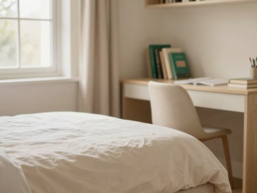 Warm editorial interior photography of a private student room, soft natural window light, crisp linen on a single bed, minimalist study desk with books, cream and champagne tones, shallow depth of field.
