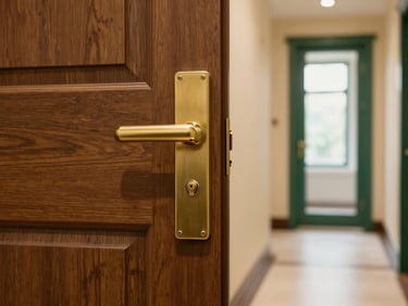 Close-up of a modern biometric brass entry lock on a solid wood door, warm ambient lighting, elegant residential hallway with cream walls and emerald accents, 35mm.
