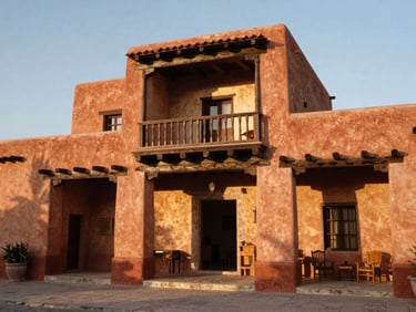Interior de una villa de adobe restaurada en el Centro Histórico de Oaxaca, con techos altos de vigas de madera, paredes de estuco cálido, y muebles de madera oscura. Luz natural entrando por un balcón.
