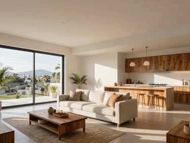 Interior luminoso de departamento moderno en San Felipe del Agua, con acabados locales de madera y textiles, sol cálido de la tarde, planos medios de espacios interiores bien distribuidos.