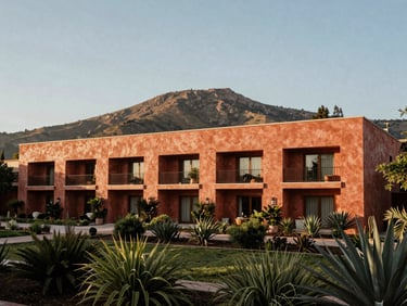 Fachada de una residencia moderna con toques oaxaqueños en San Felipe del Agua, rodeada de vegetación exuberante y con el cerro al fondo. Luz suave de media tarde.