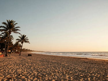 Vista panorámica de una playa virgen en la costa oaxaqueña al atardecer, con palmeras, arena dorada y olas rompiendo suavemente. Sol bajo en el horizonte. Amplio espacio negativo.