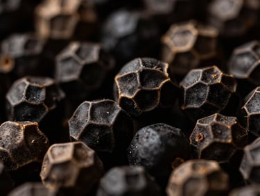 Extreme close-up of whole black pepper berries, highlighting textured outer skins, dramatic low-key lighting, charcoal tones.