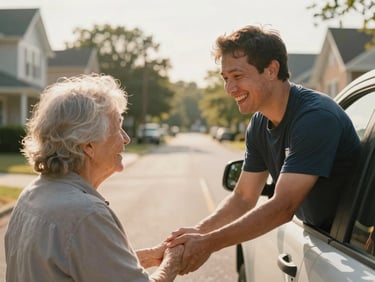 A friendly volunteer driver greeting an elderly passenger with a warm smile near a vehicle on a quiet Morrow, Georgia neighborhood street, soft golden hour daylight, 35mm photography