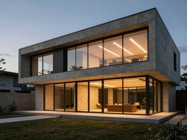 Wide shot of modern concrete and glass villa at dusk, warm interior linear lighting, clean architectural lines