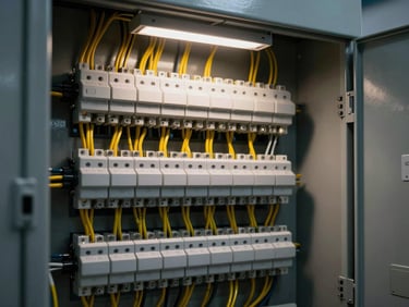 Immaculate organized electrical panel with perfect cable management, ultra-clean wiring layout, sharp industrial lighting, dark moody tones with yellow accents, 35mm