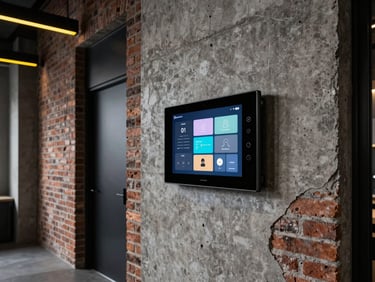Modern loft interior with exposed brick and concrete, high-end flush-mounted touch screen controller on the wall