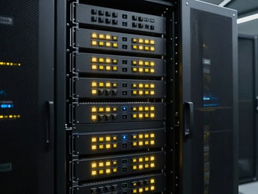 Sleek dark server room with perfectly managed patch panels, glowing yellow status LEDs, high-tech environment