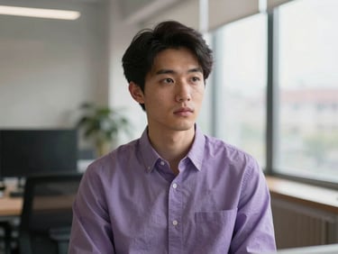 A quiet, thoughtful individual portrait of a business leader in a modern office, soft natural light, warm lilac tones, 35mm