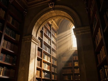 Dramatic low-angle shot of a grand stone archway inside a royal library, warm golden light rays filtering through, cinematic