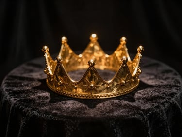 A subtle golden crown resting on a dark velvet surface, illuminated by a dramatic warm spotlight, cinematic shadows