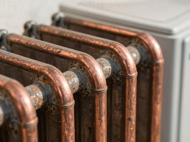 Macro close-up of heavily corroded copper condenser coils on an outdoor AC unit, showing green rust and salt crusting, harsh natural daylight.
