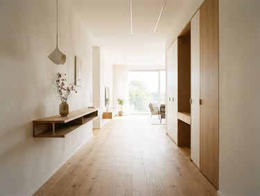 Bright modern residential interior showing a wide open corridor with natural oak flooring, soft daylight, minimalist aesthetic, 35mm lens