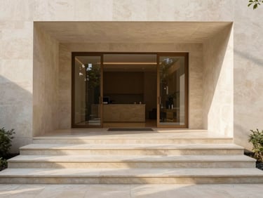 Modern luxury building entrance with marble steps and sliding glass doors leading to a reception area.