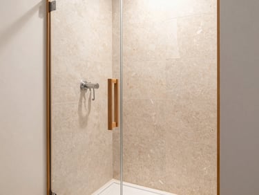 Modern bathroom with walk-in shower, non-slip textured stone tiles, minimalist wooden details, bright natural light, 35mm lens
