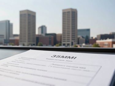 Close-up of a legal document or permit application on a desk with a Baltimore city skyline in the background, crisp editorial photography, bright natural daylight, deep navy and cool gray tones, sharp focus, 35mm