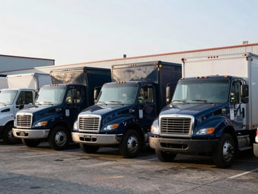 Commercial delivery trucks parked in a Baltimore industrial yard at dawn, crisp editorial photography, bright natural daylight, deep navy and cool gray tones, sharp focus, 35mm