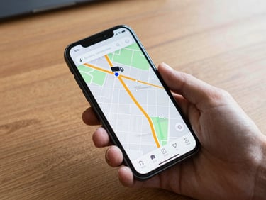 Overhead view of a smartphone screen showing a GPS route map with a truck icon mid-route, held by a hand over a wooden desk surface, soft natural light from the side