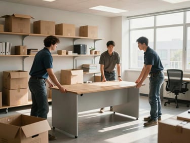 Medium shot of movers positioning a large office desk into place in a freshly painted corporate room, labeled boxes being opened and contents placed on shelves, morning daylight filling the space