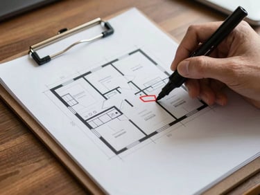 Close-up of a clipboard with a printed office floor plan and a hand annotating room labels with a marker, natural office lighting, wooden desk surface visible below