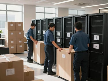 Wide shot of uniformed movers applying numbered labels to office furniture and server racks in a corporate space, stacked labeled boxes in background, bright natural light from windows